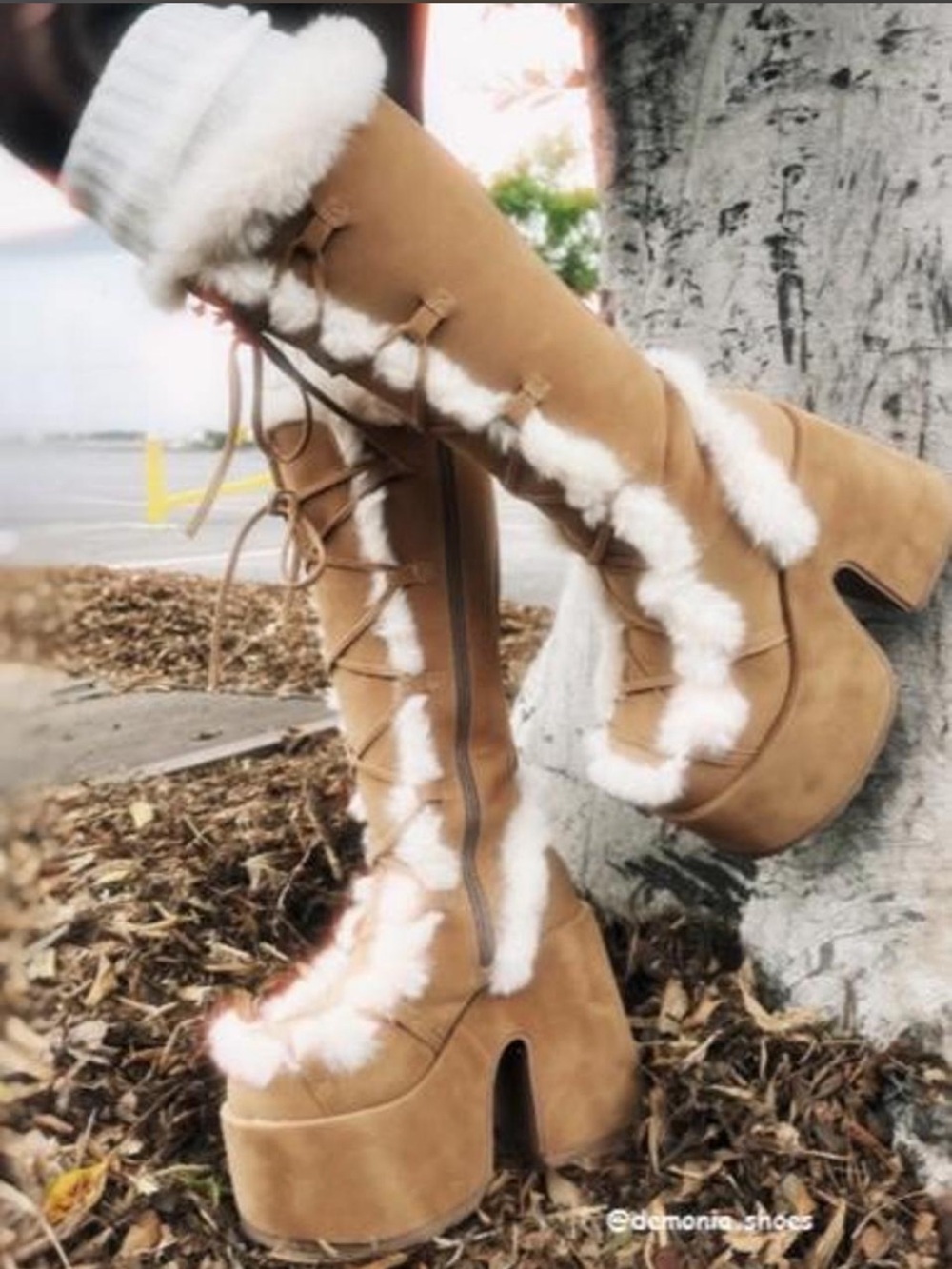 Demonia Tan Faux Suede Over-the-Knee Platform Boots with White Faux Fur
